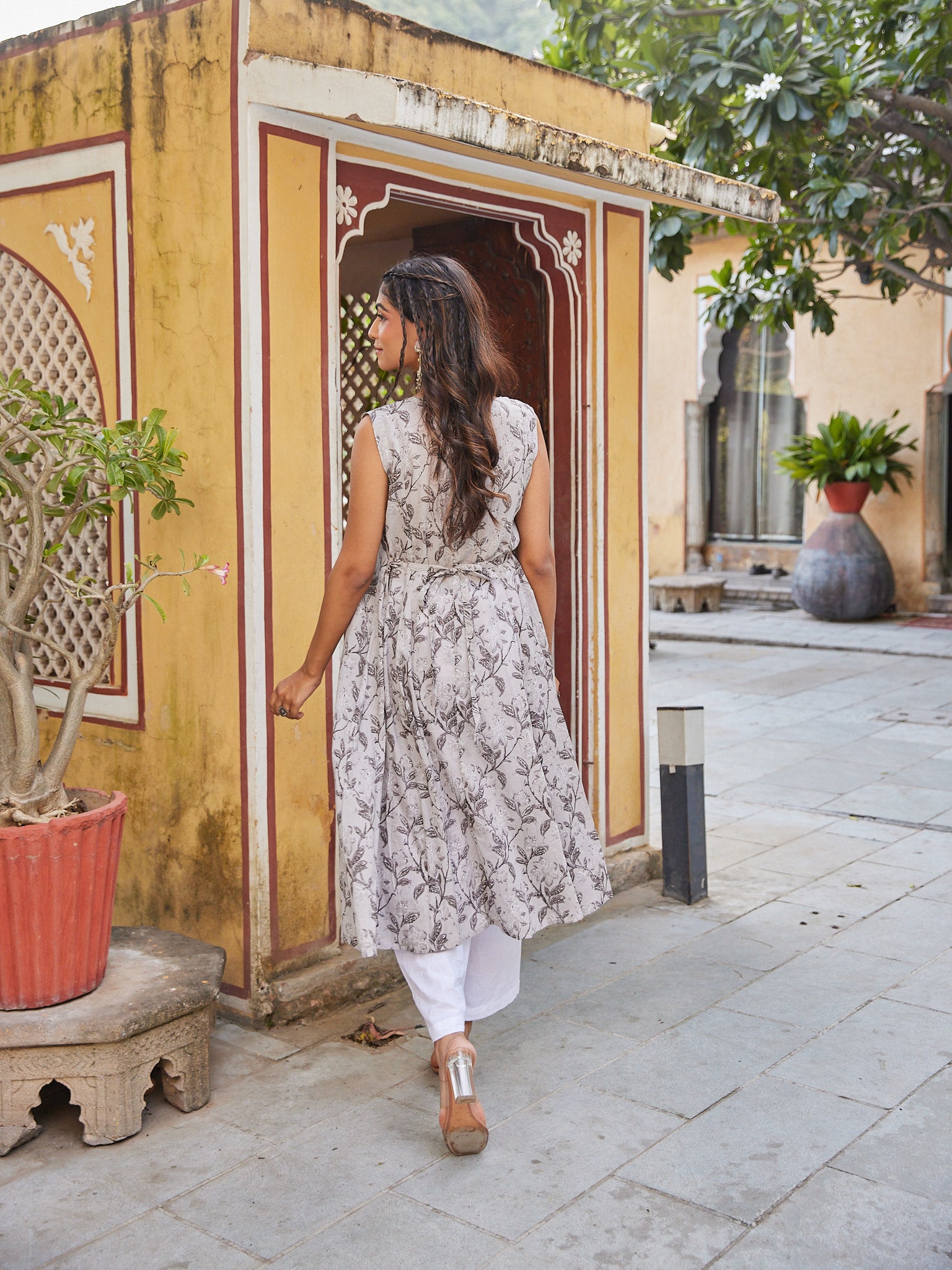 Women Grey Floral Jaal Cotton Mulmul Long Kurti