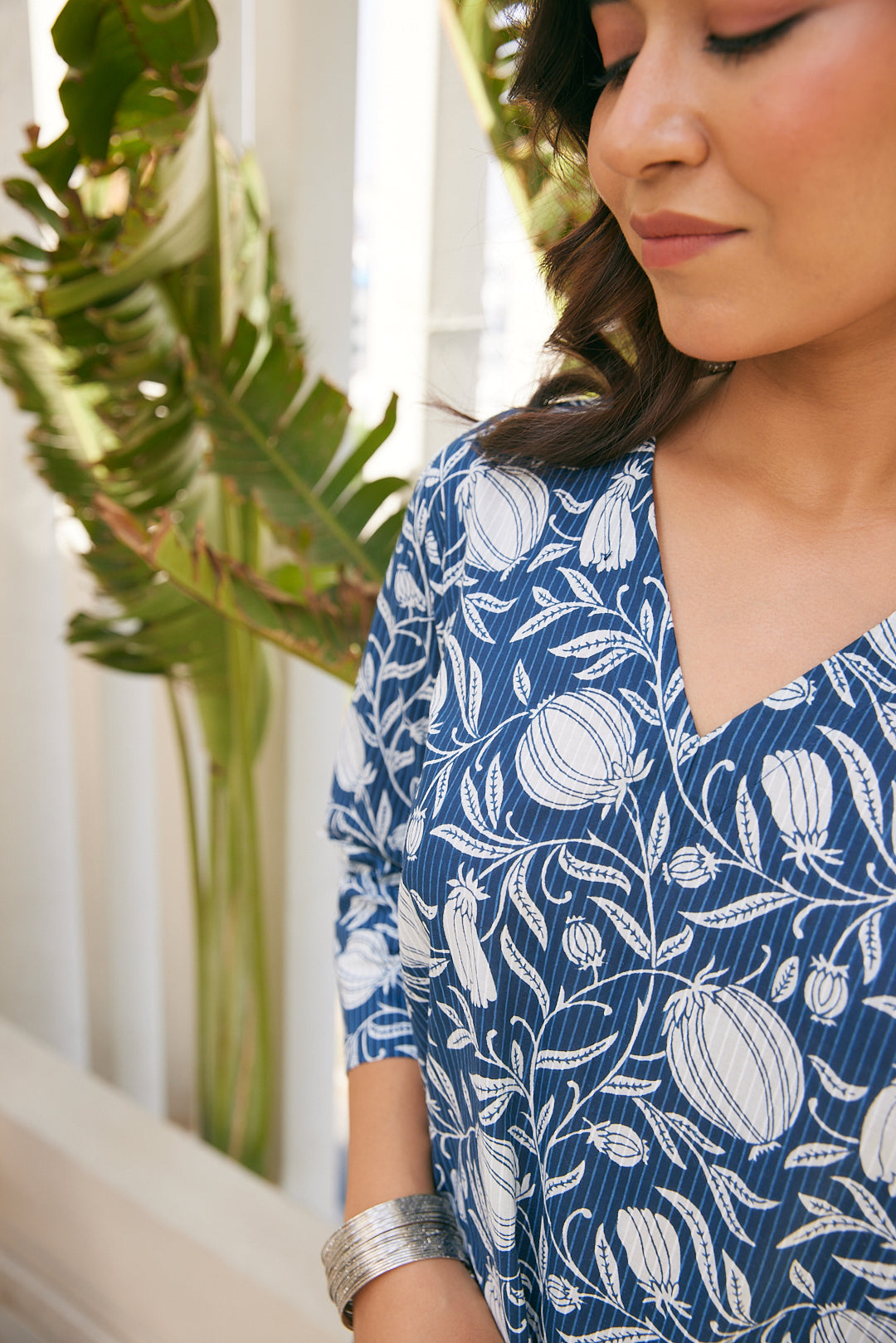 Cotton Blue Leaf Floral Long Kurti