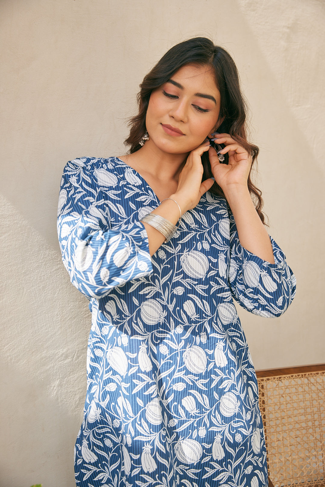 Cotton Blue Leaf Floral Long Kurti