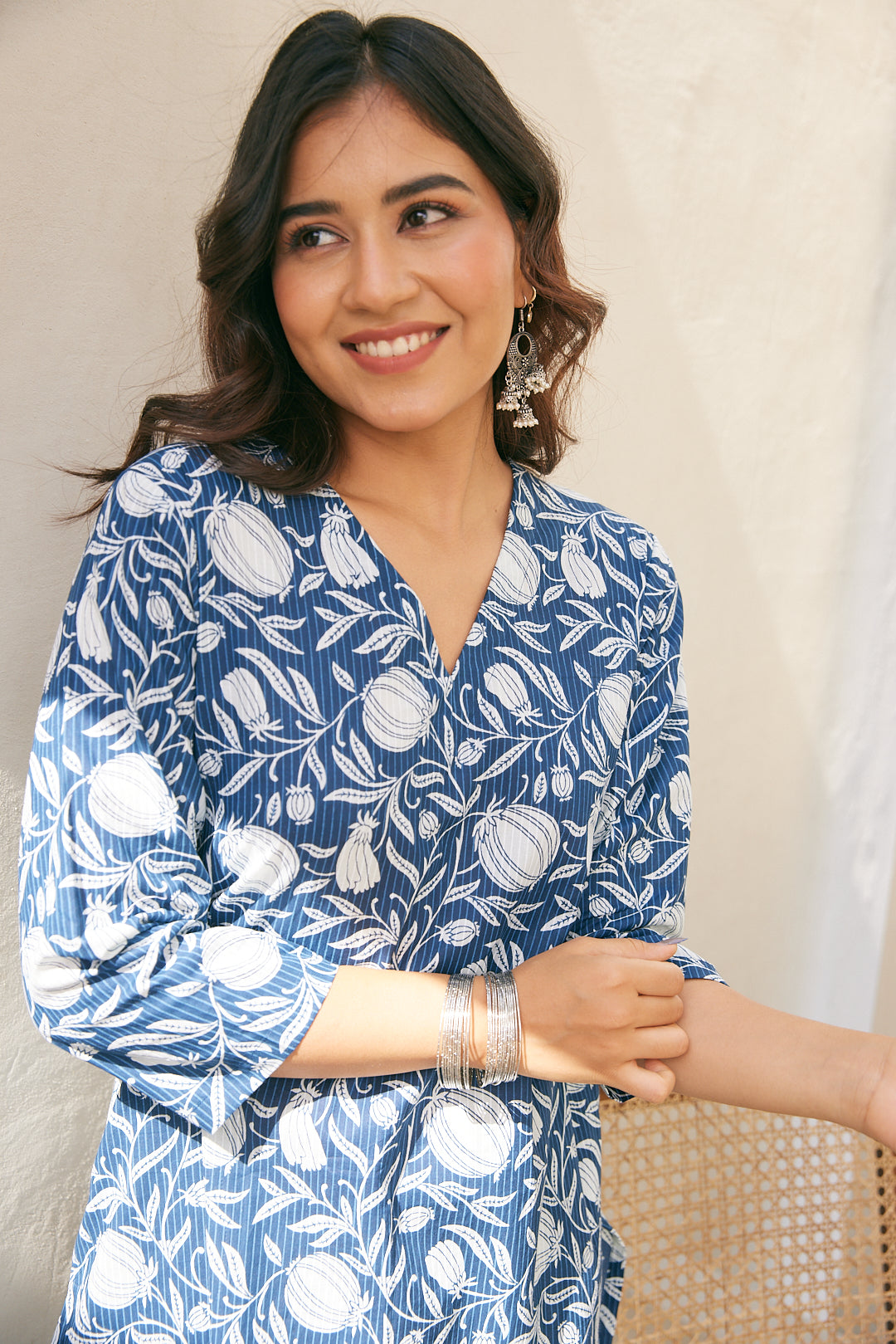 Cotton Blue Leaf Floral Long Kurti