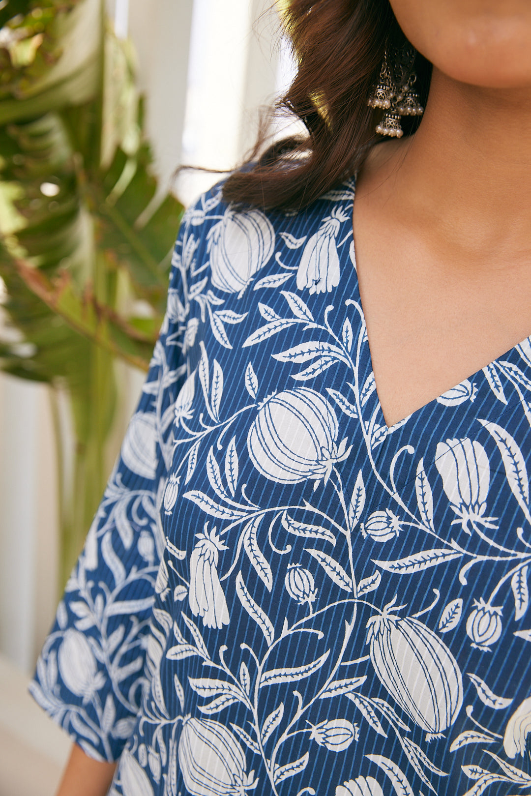 Cotton Blue Leaf Floral Long Kurti