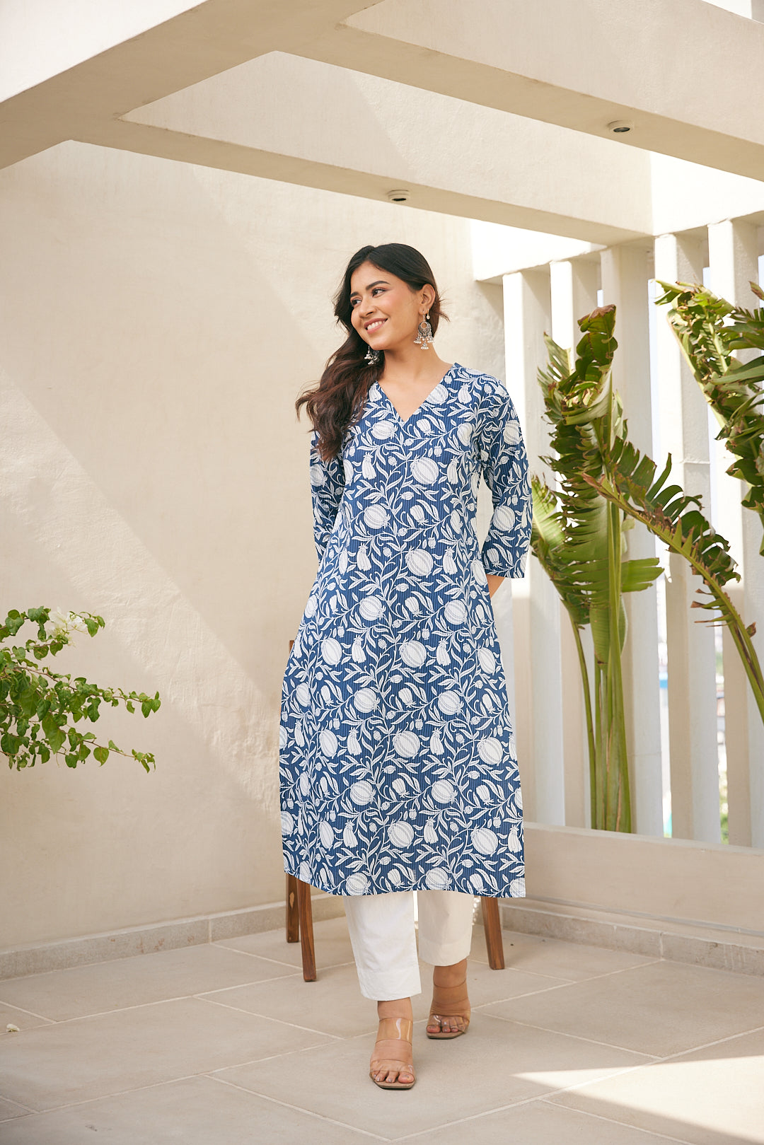 Cotton Blue Leaf Floral Long Kurti