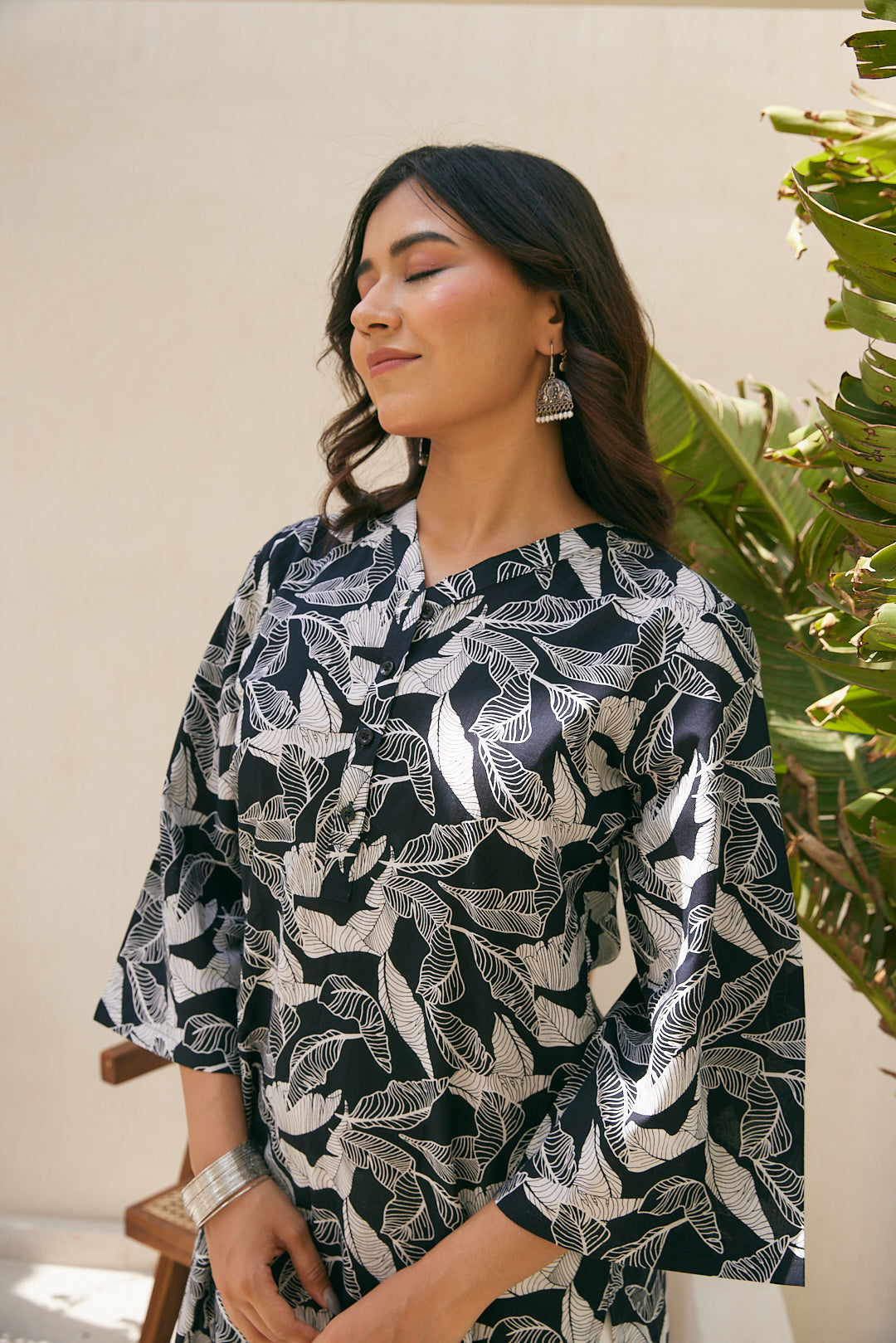 Cotton Black-White Leaf Long Kurti
