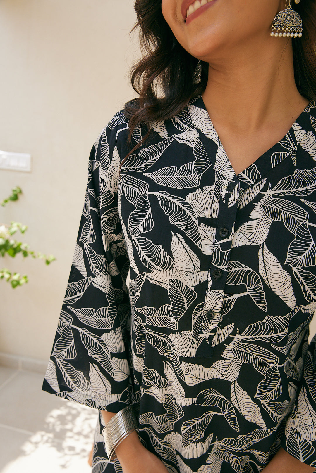 Cotton Black-White Leaf Long Kurti