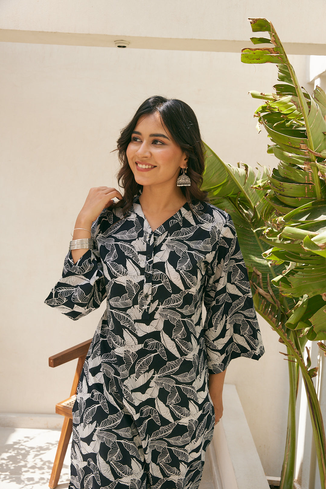 Cotton Black-White Leaf Long Kurti