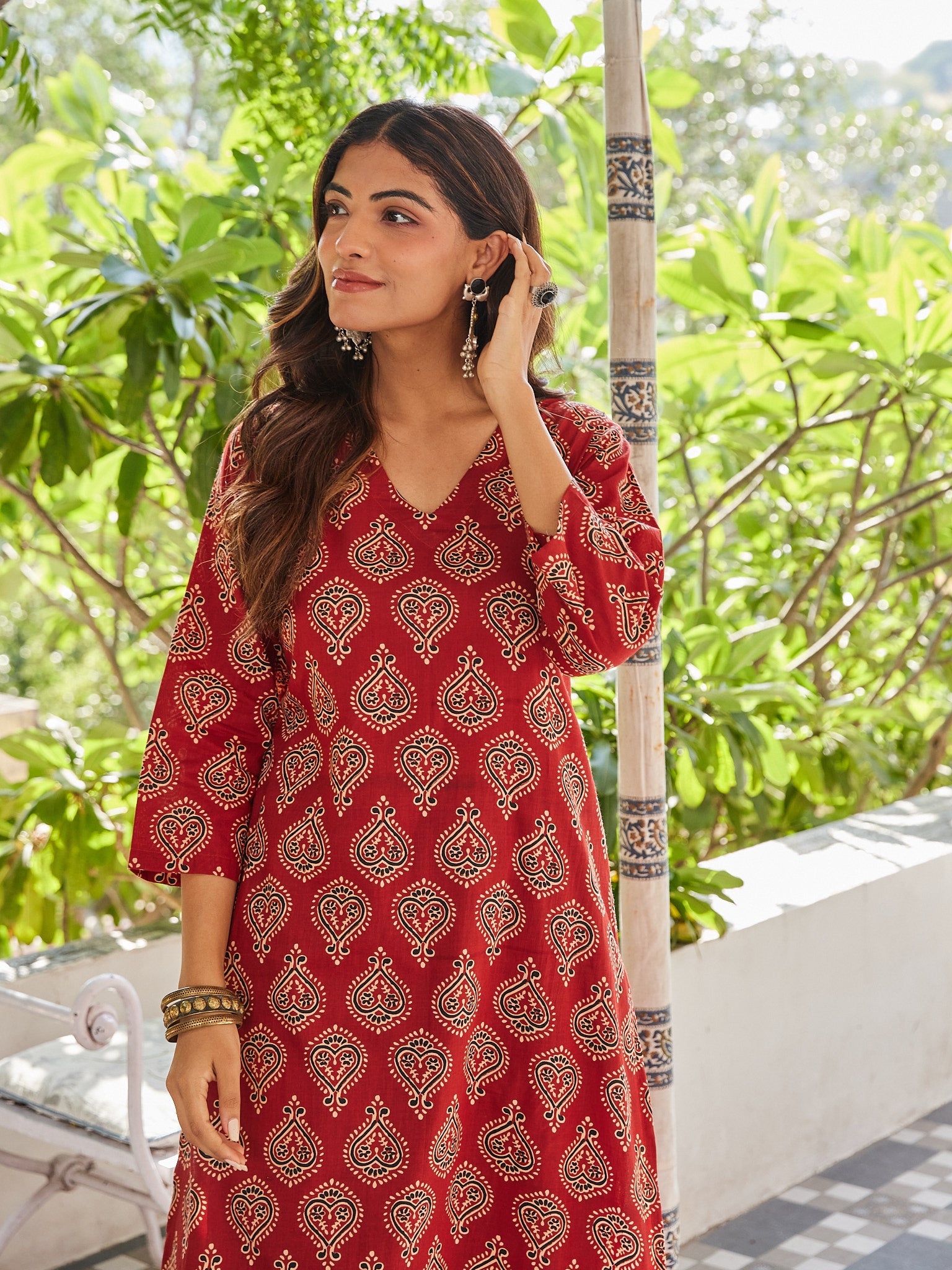 Red Paisley Prented Pure Cotton A-line Kurta