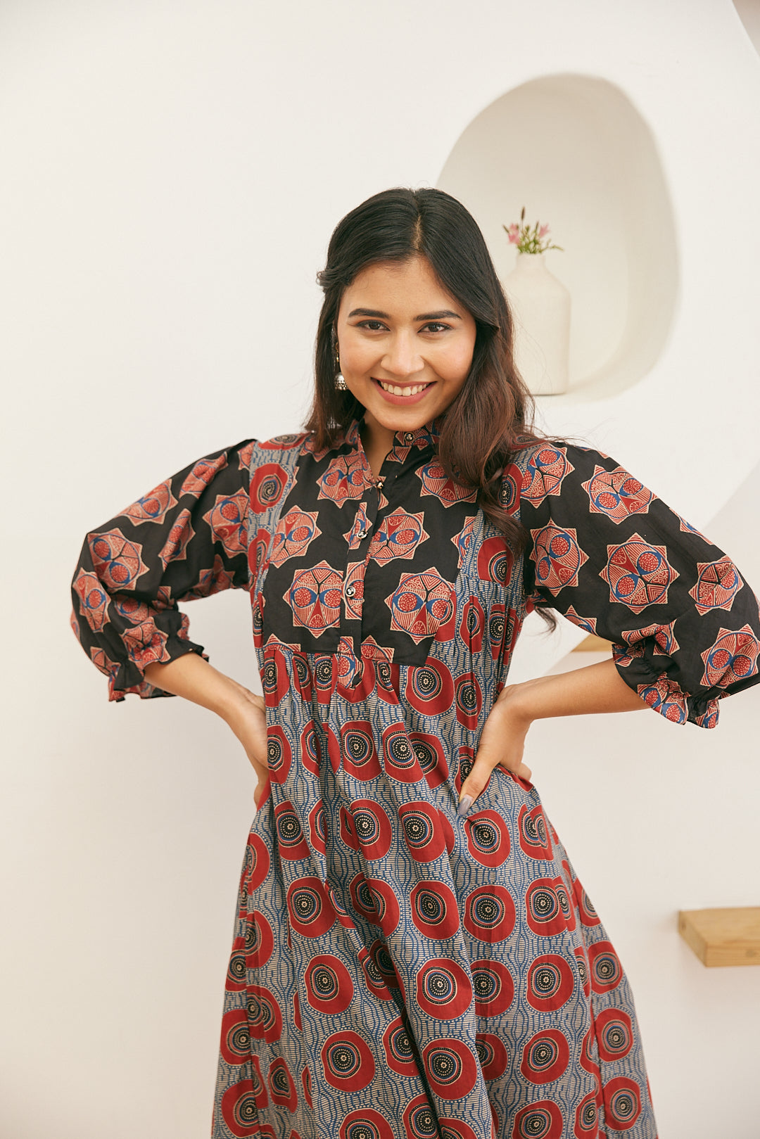 Cotton Black Red Geometric Long Kurti