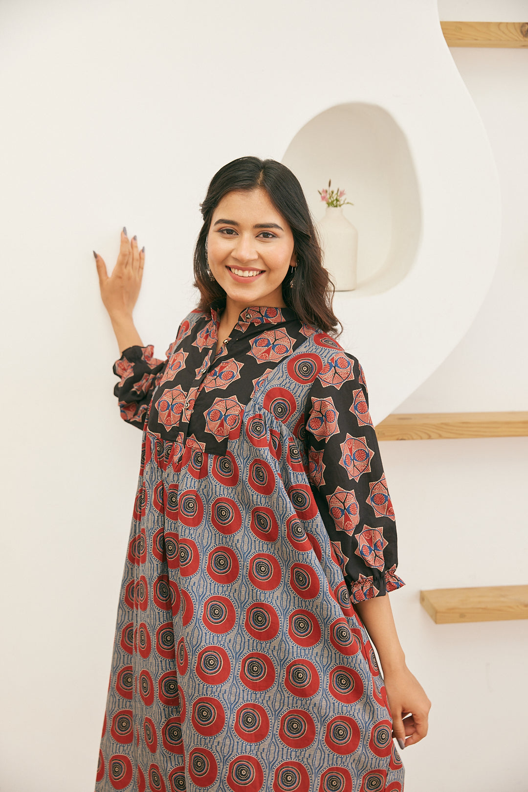 Cotton Black Red Geometric Long Kurti