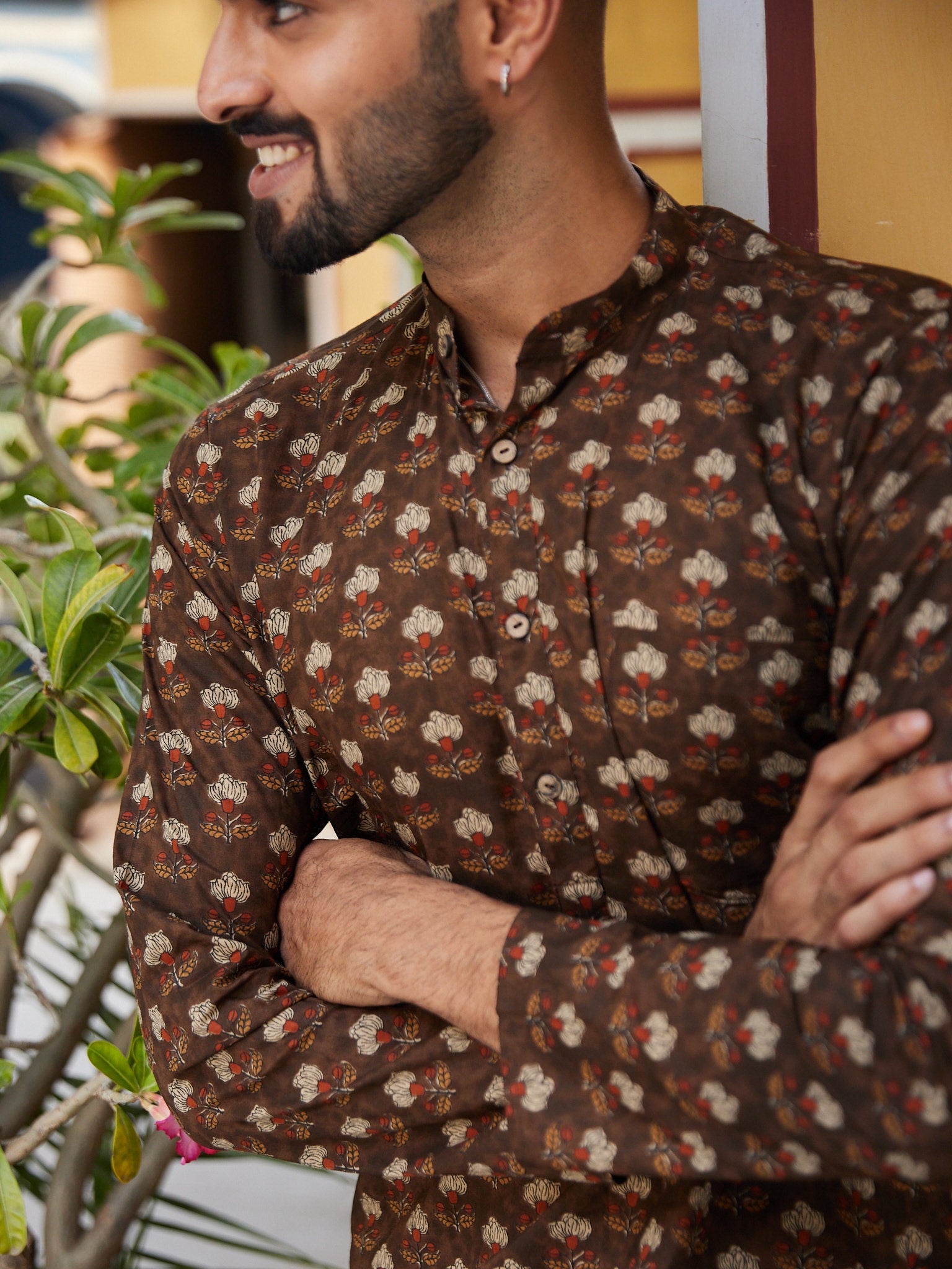 Cotton Brown-red Floral Men's Ethnic Kurta