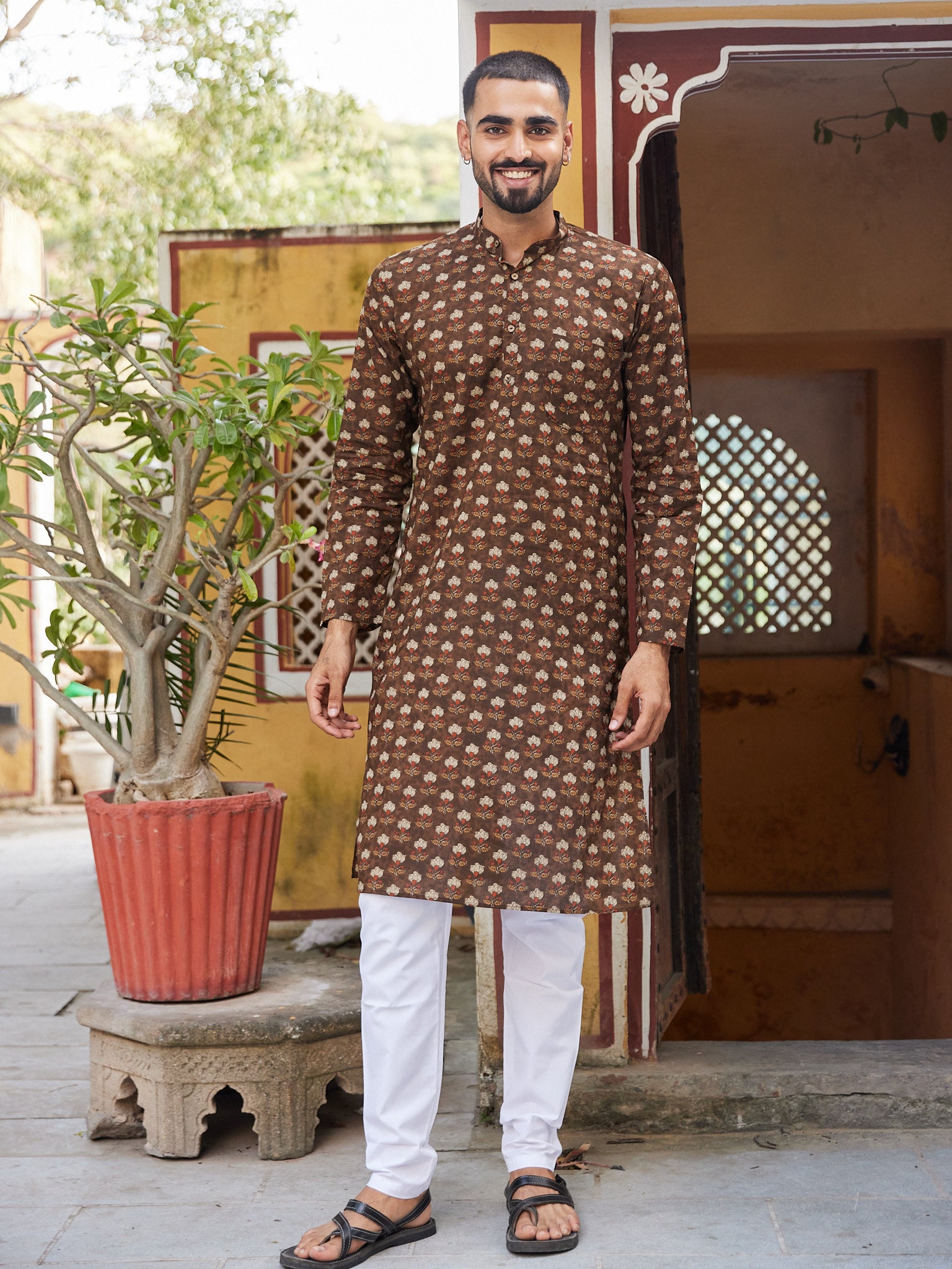 Cotton Brown-red Floral Men's Ethnic Kurta