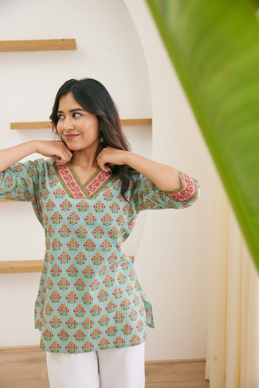 Sea Green Floral Booti Short Kurti