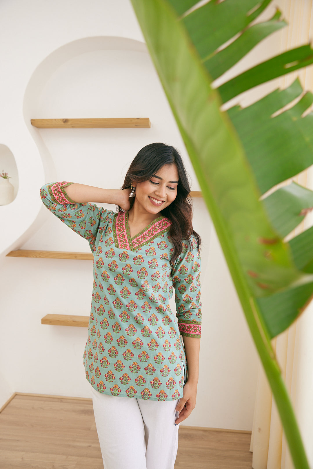 Sea Green Floral Booti Short Kurti