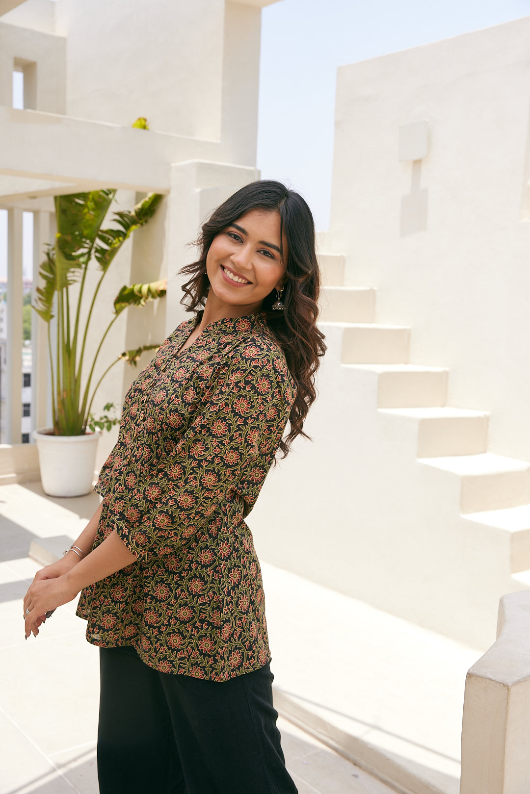 Cotton Black-Green Floral Short Kurti
