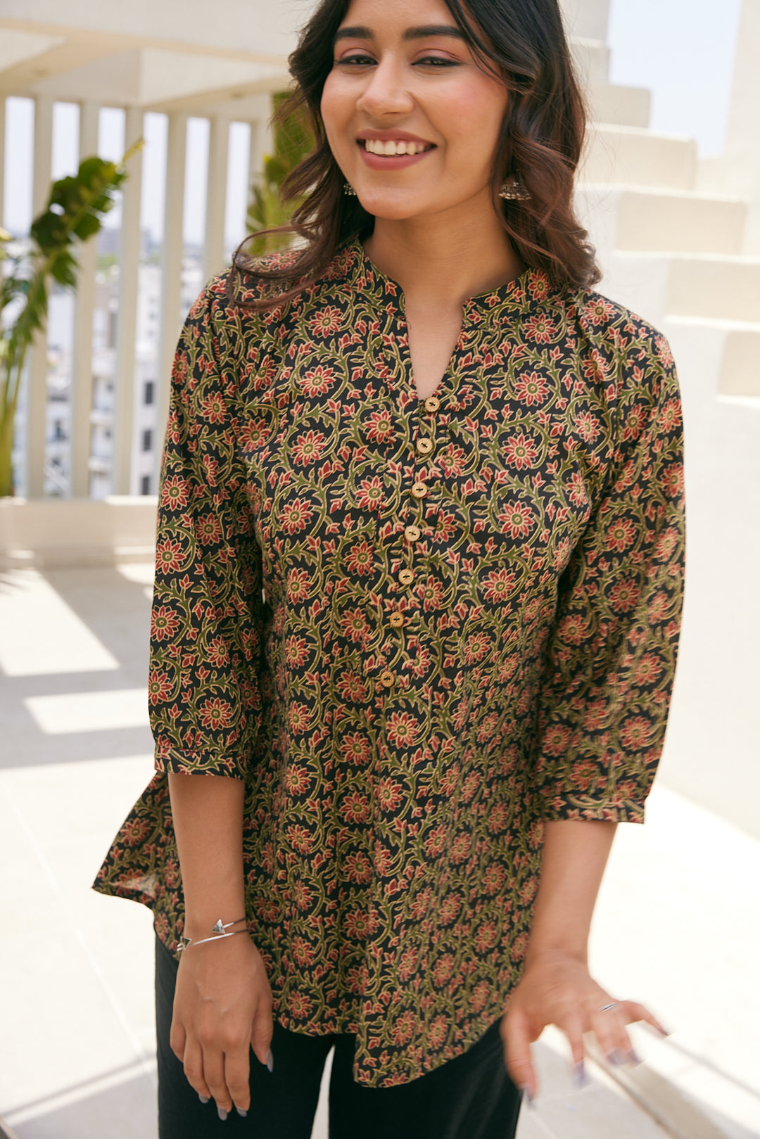 Cotton Black-Green Floral Short Kurti
