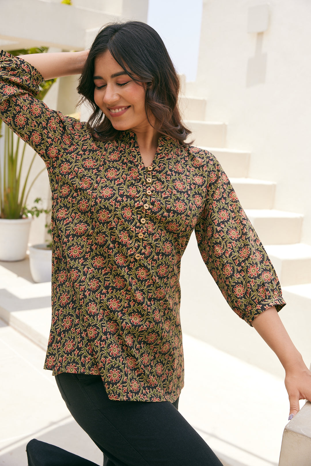 Cotton Black-Green Floral Short Kurti