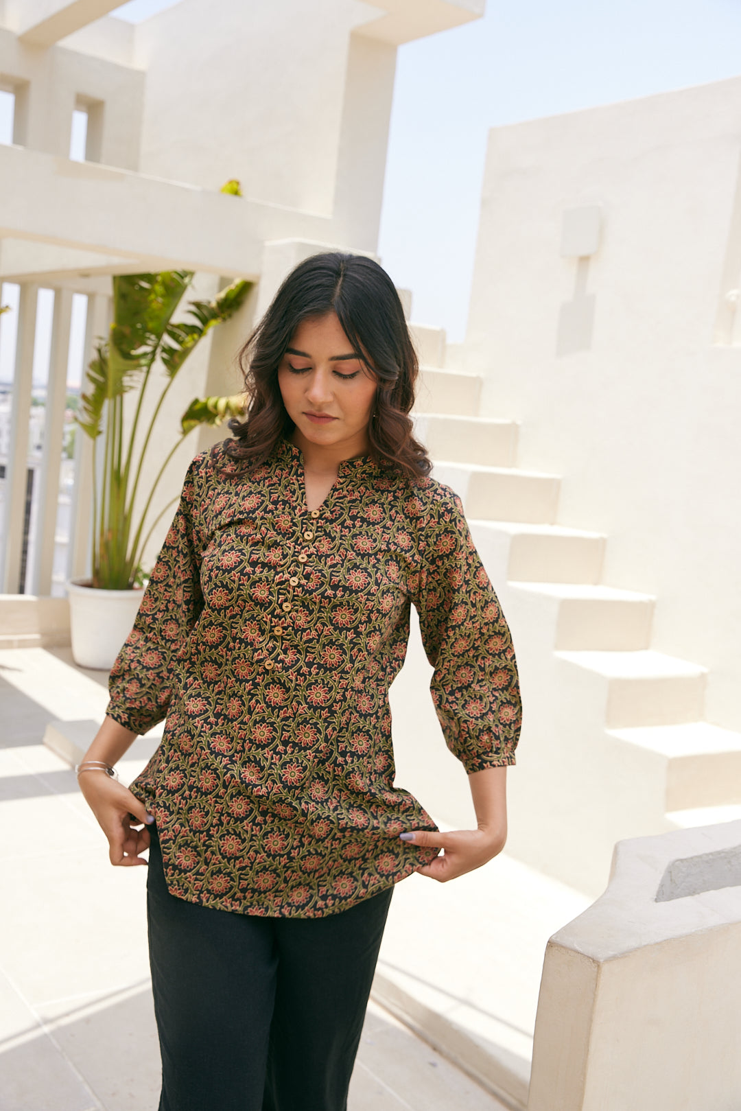 Cotton Black-Green Floral Short Kurti