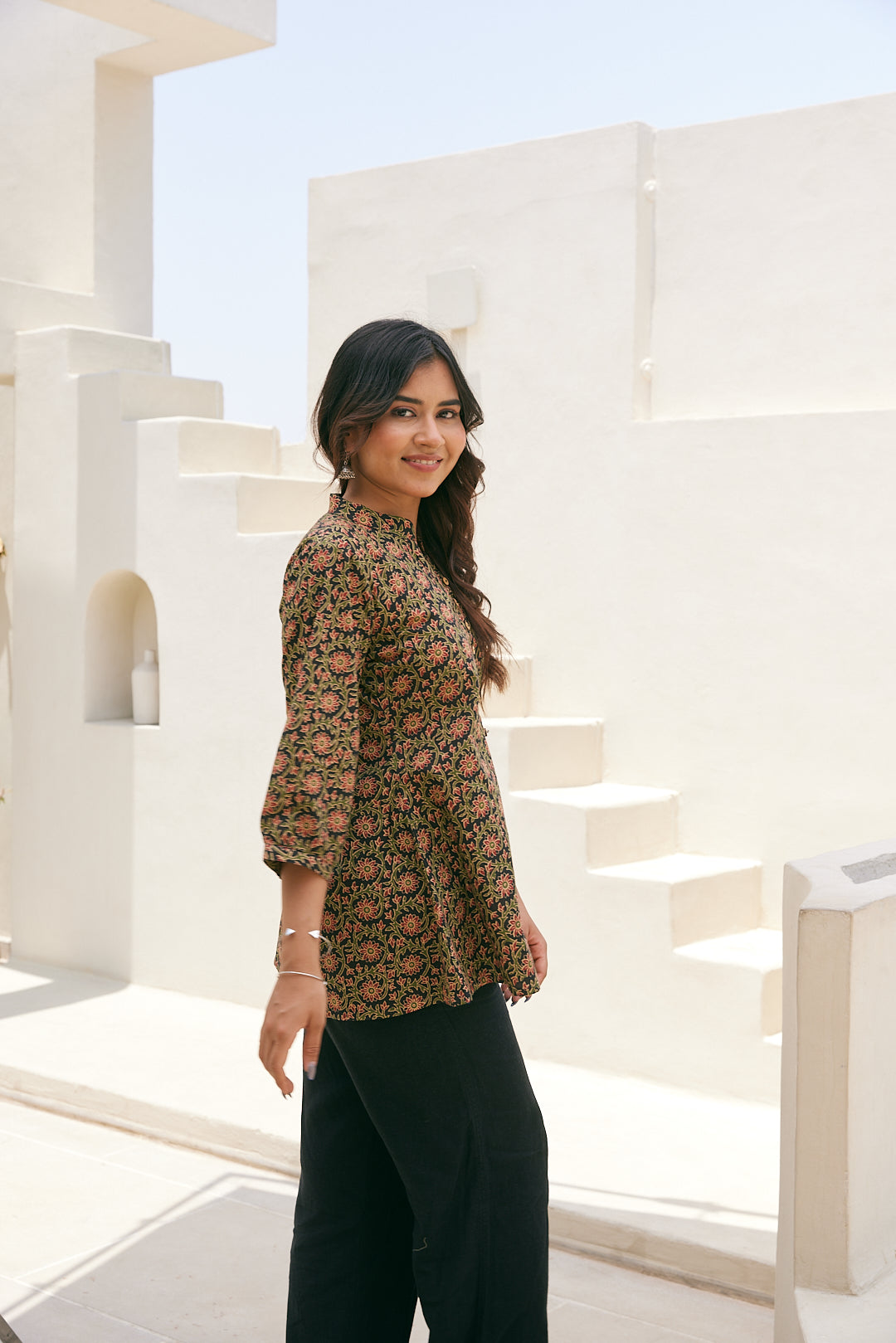 Cotton Black-Green Floral Short Kurti