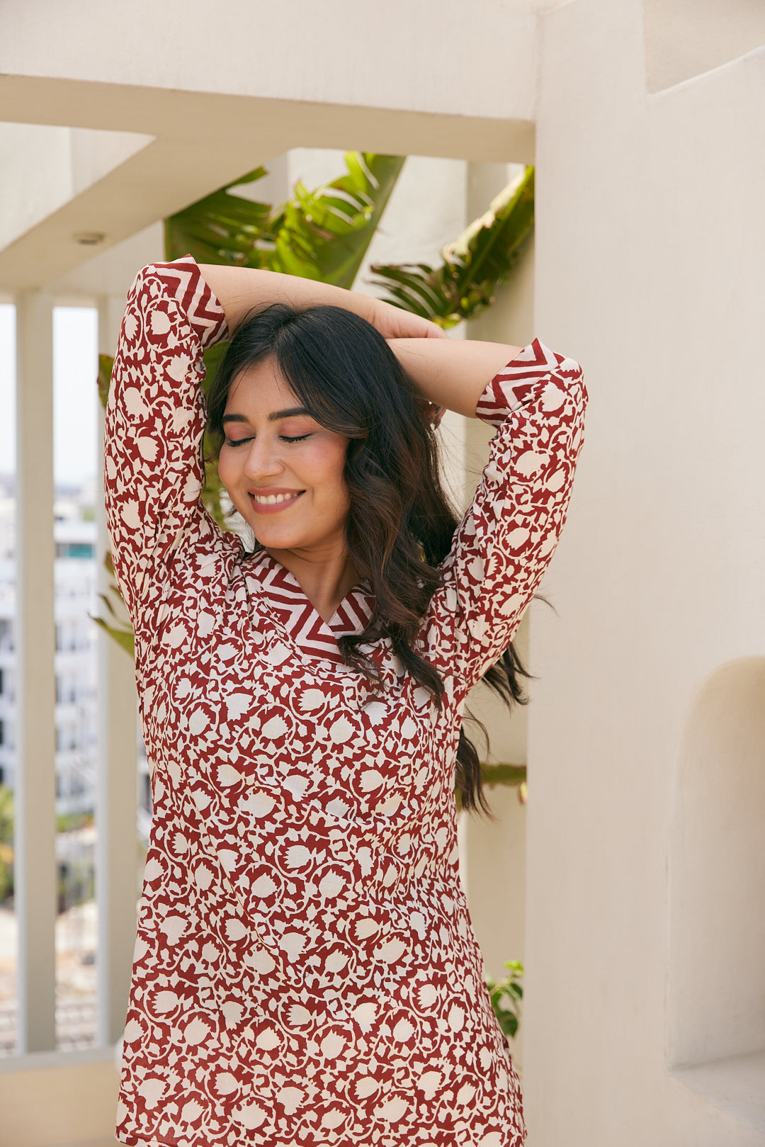 Cotton Cream Floral Short Kurti