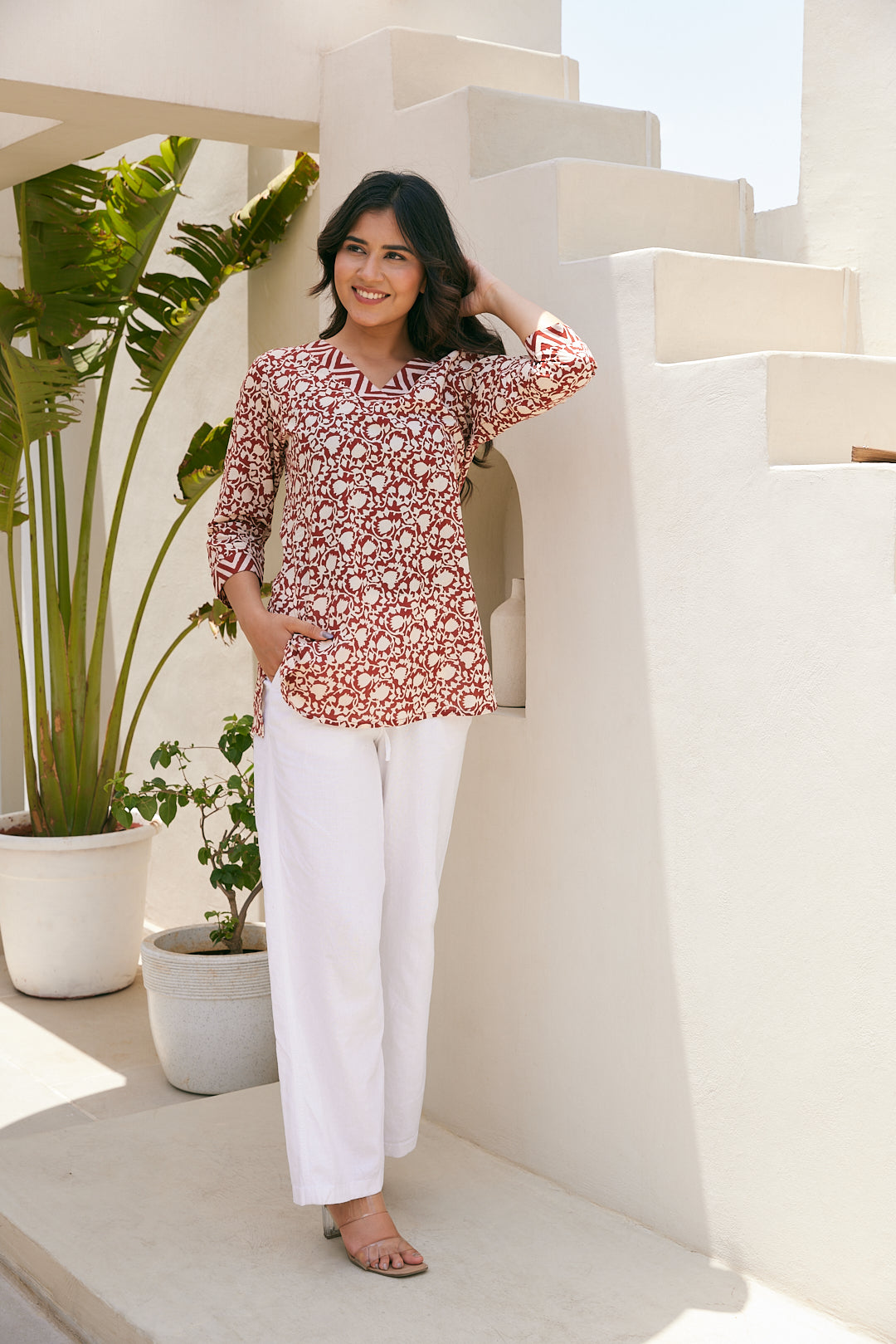 Cotton Cream Floral Short Kurti