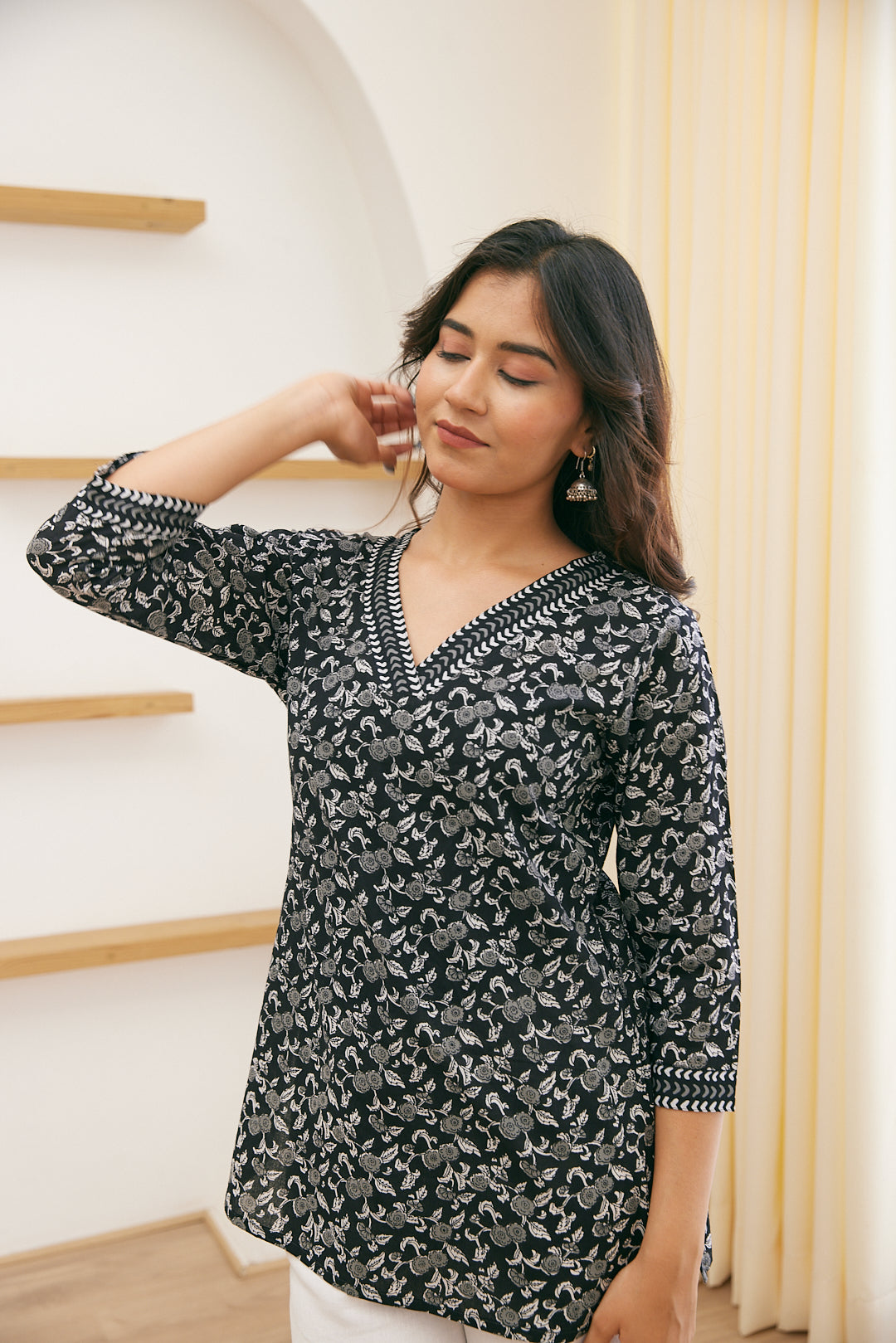 Cotton Black Floral Jaal Short Kurti