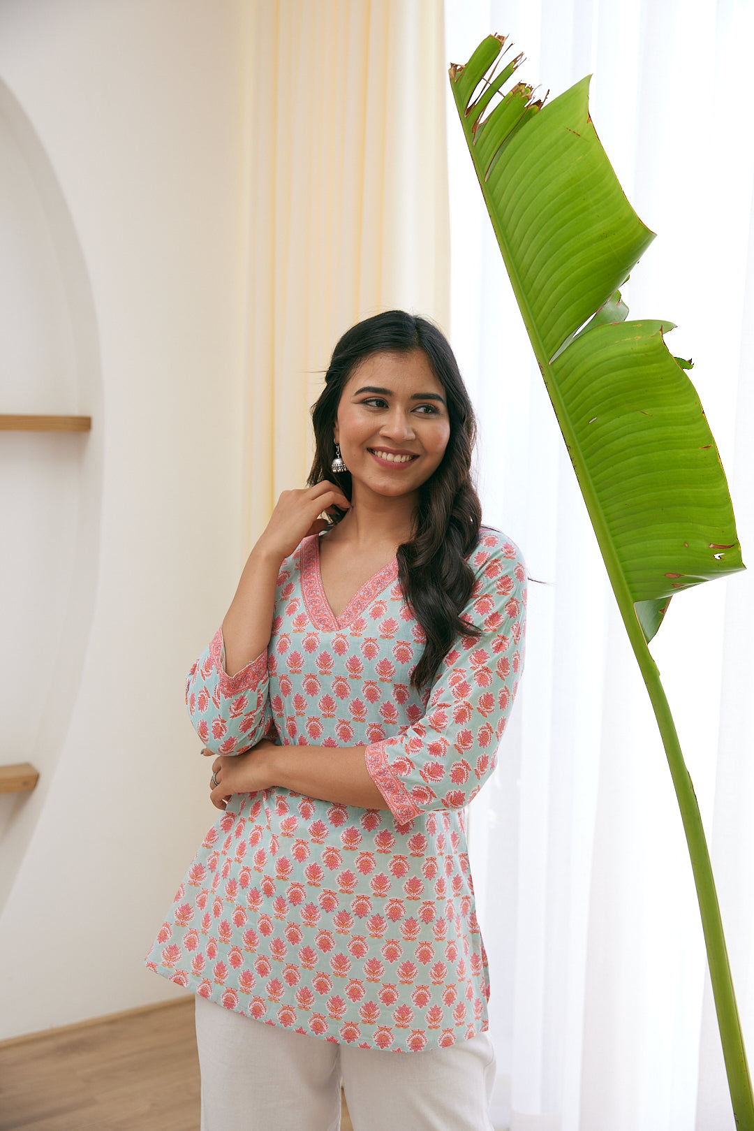 Cotton Bubblegum Pink Floral Motif Short Kurti