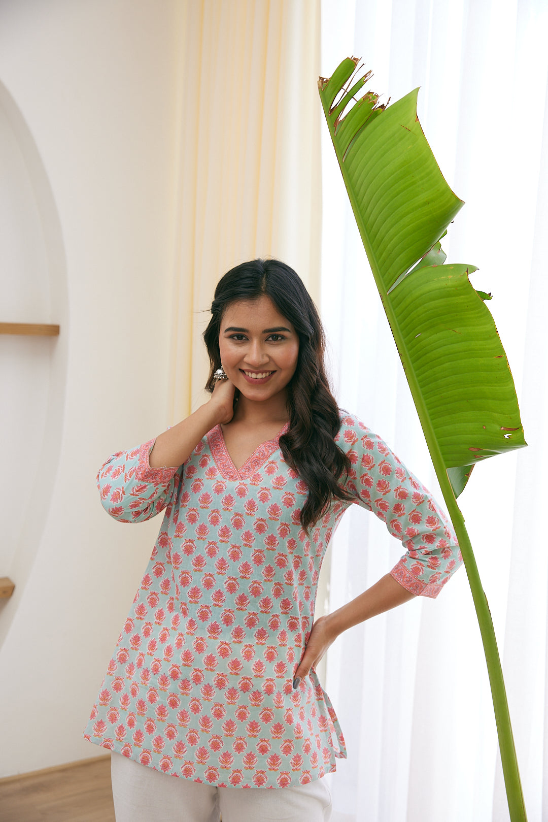 Cotton Bubblegum Pink Floral Motif Short Kurti
