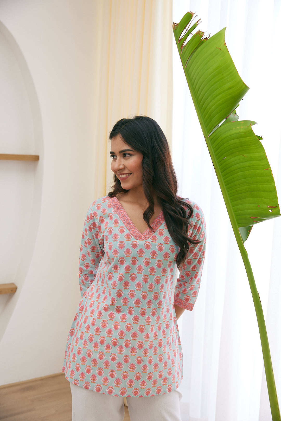 Cotton Bubblegum Pink Floral Motif Short Kurti