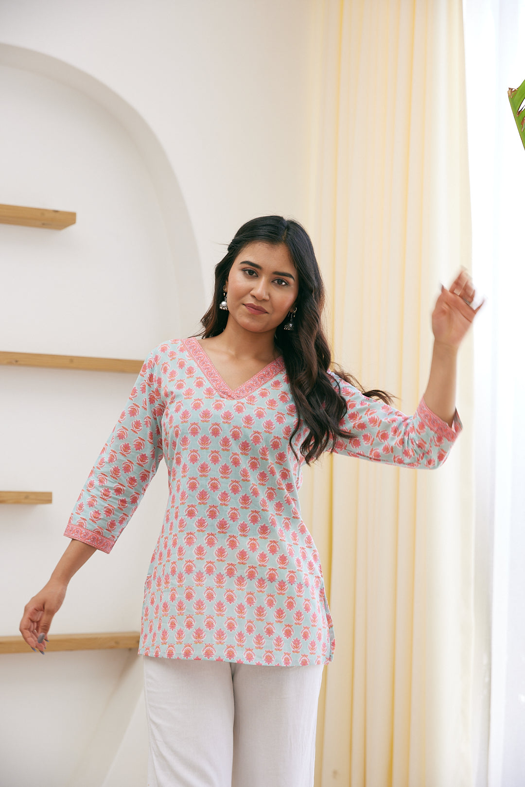 Cotton Bubblegum Pink Floral Motif Short Kurti