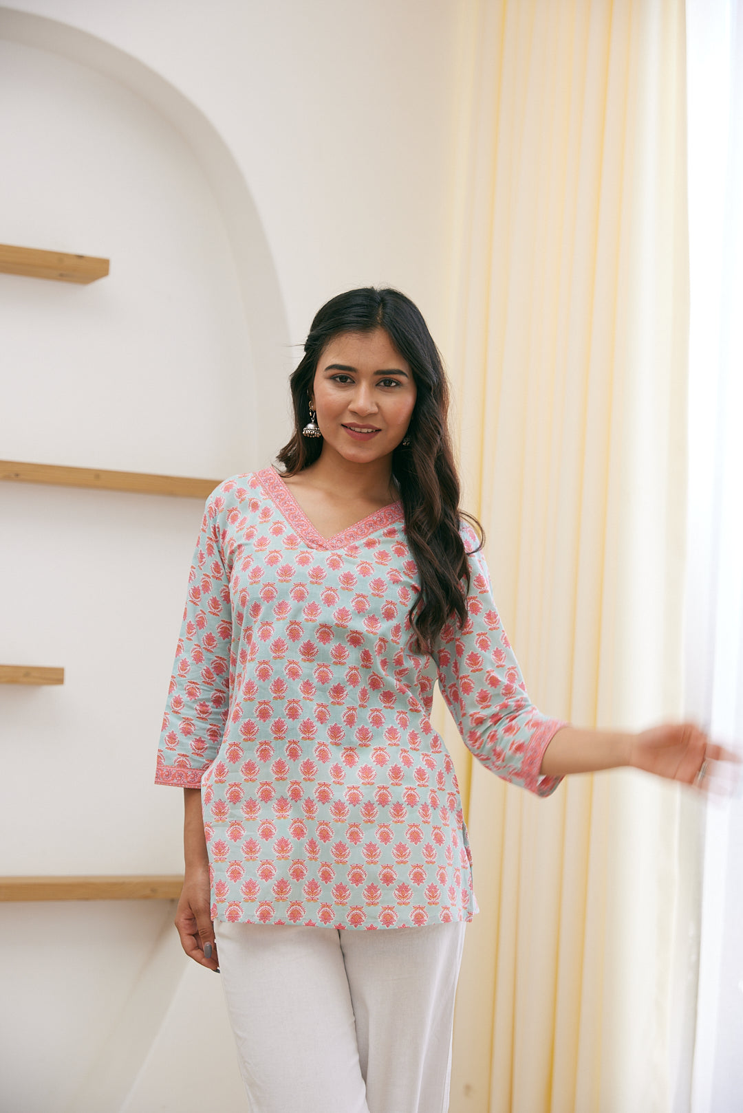 Cotton Bubblegum Pink Floral Motif Short Kurti