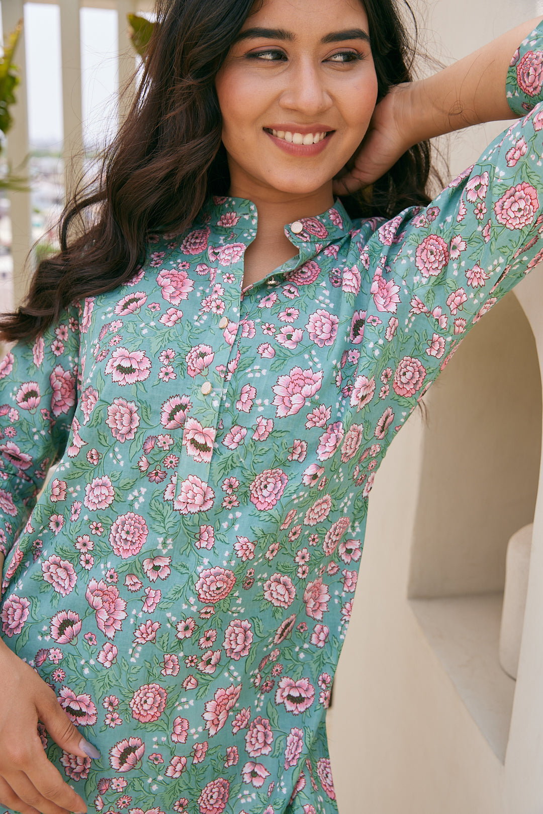 Cotton Green-Pink Floral Short Kurti