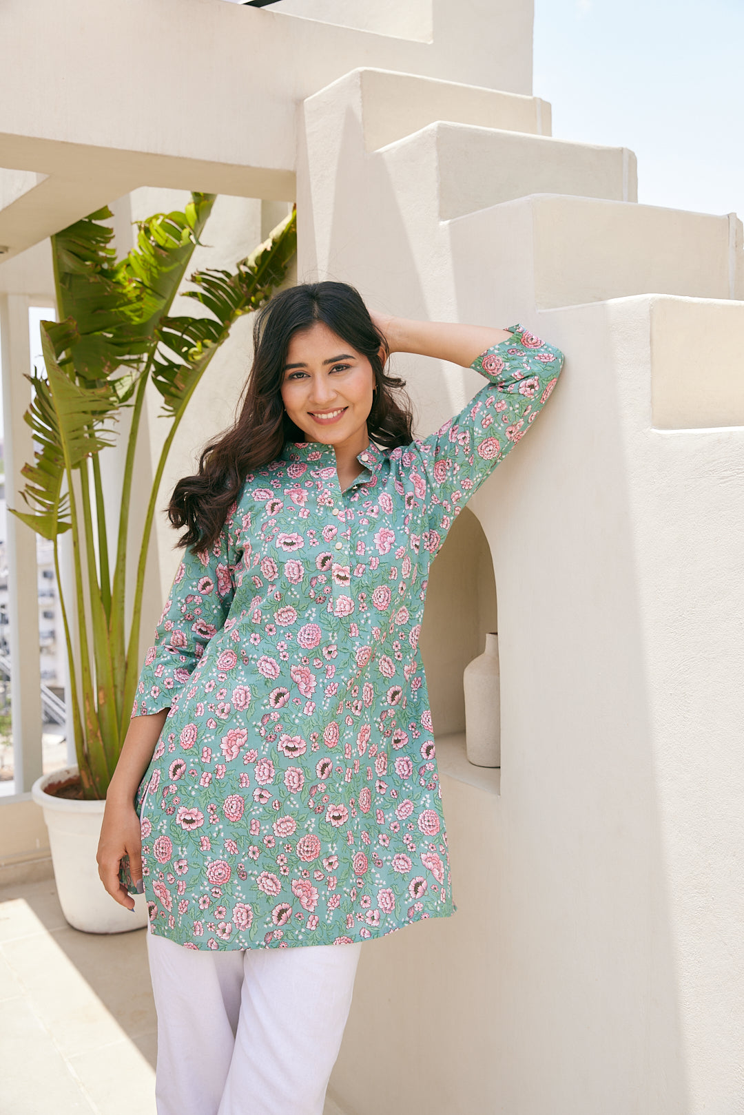 Cotton Green-Pink Floral Short Kurti