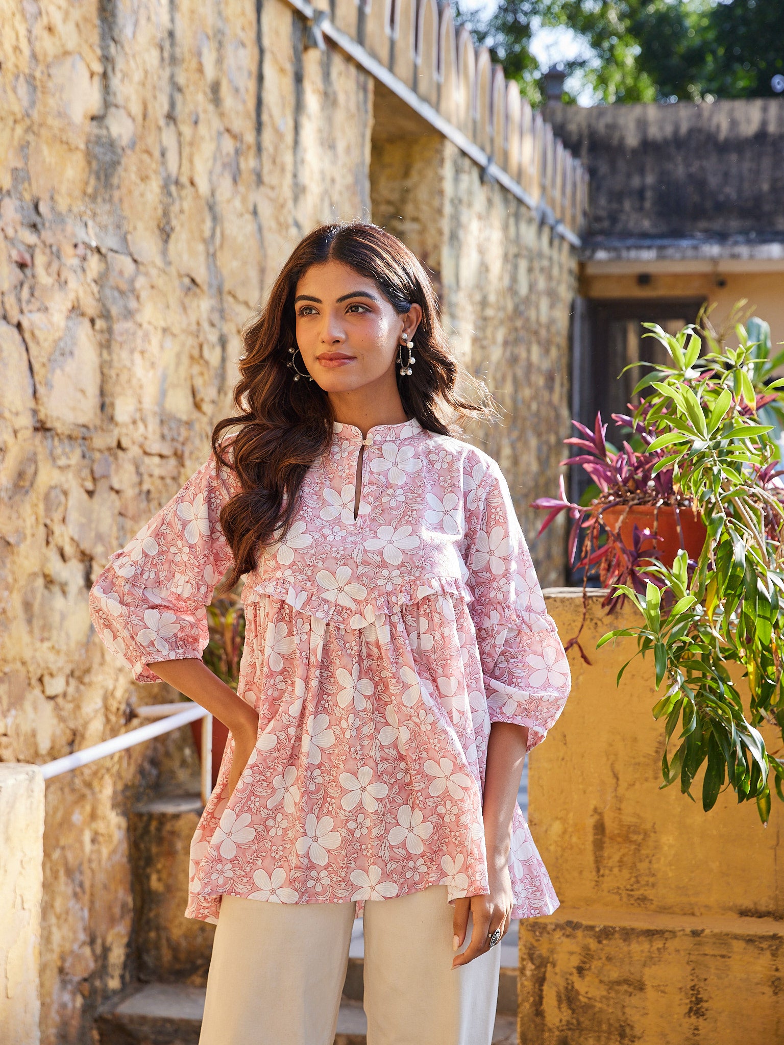 Pretty in Pink - Cotton Floral Short Kurti