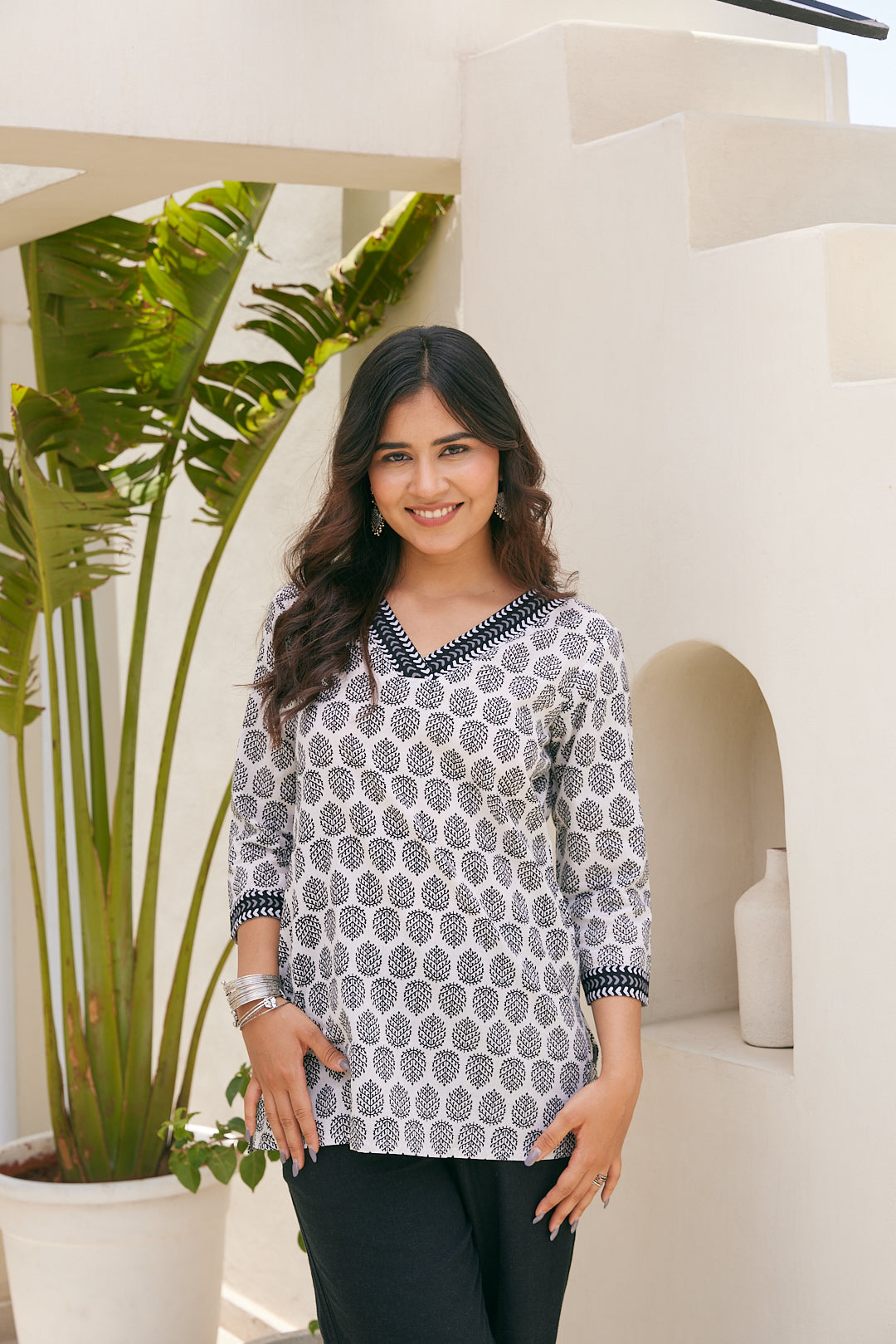 Cotton Black Leaf Short Kurti