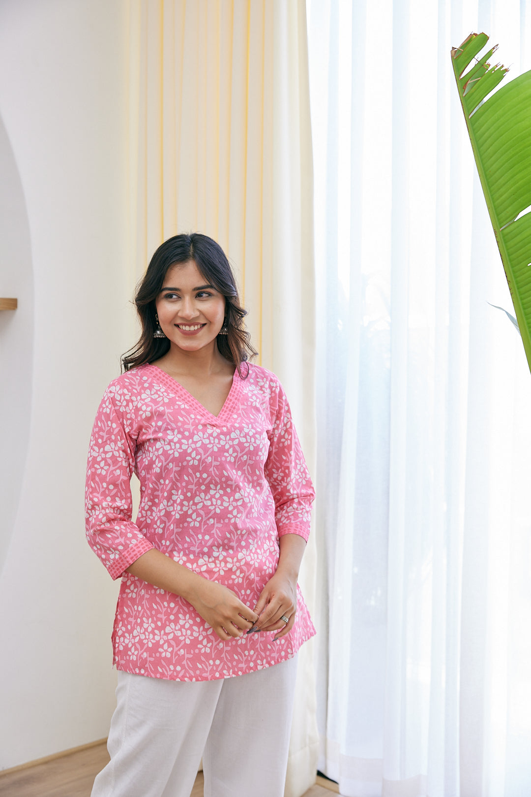 Cotton Pink Leaf Short Kurti