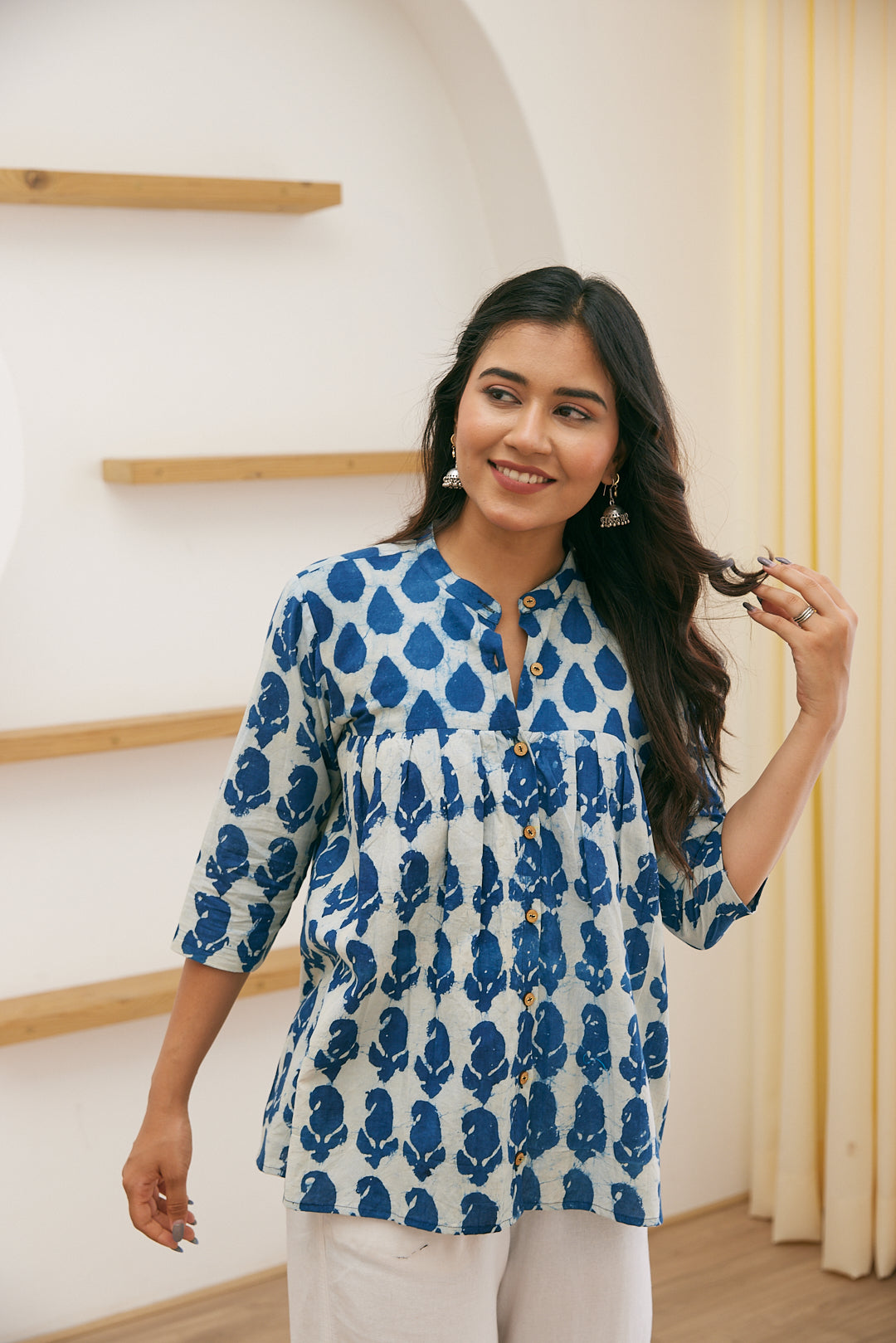 Indigo Bloom Hand Block Print Cotton Top for Women