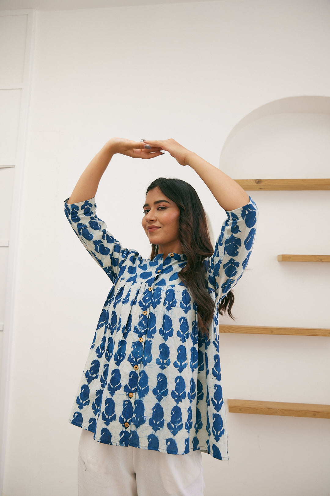 Indigo Bloom Hand Block Print Cotton Top for Women