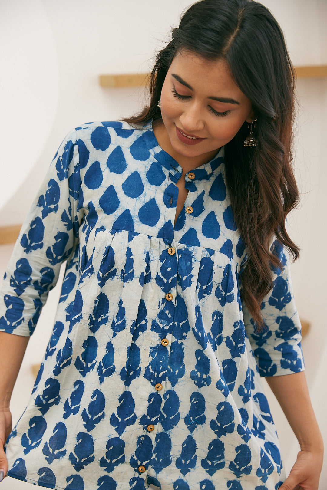 Indigo Bloom Hand Block Print Cotton Top for Women
