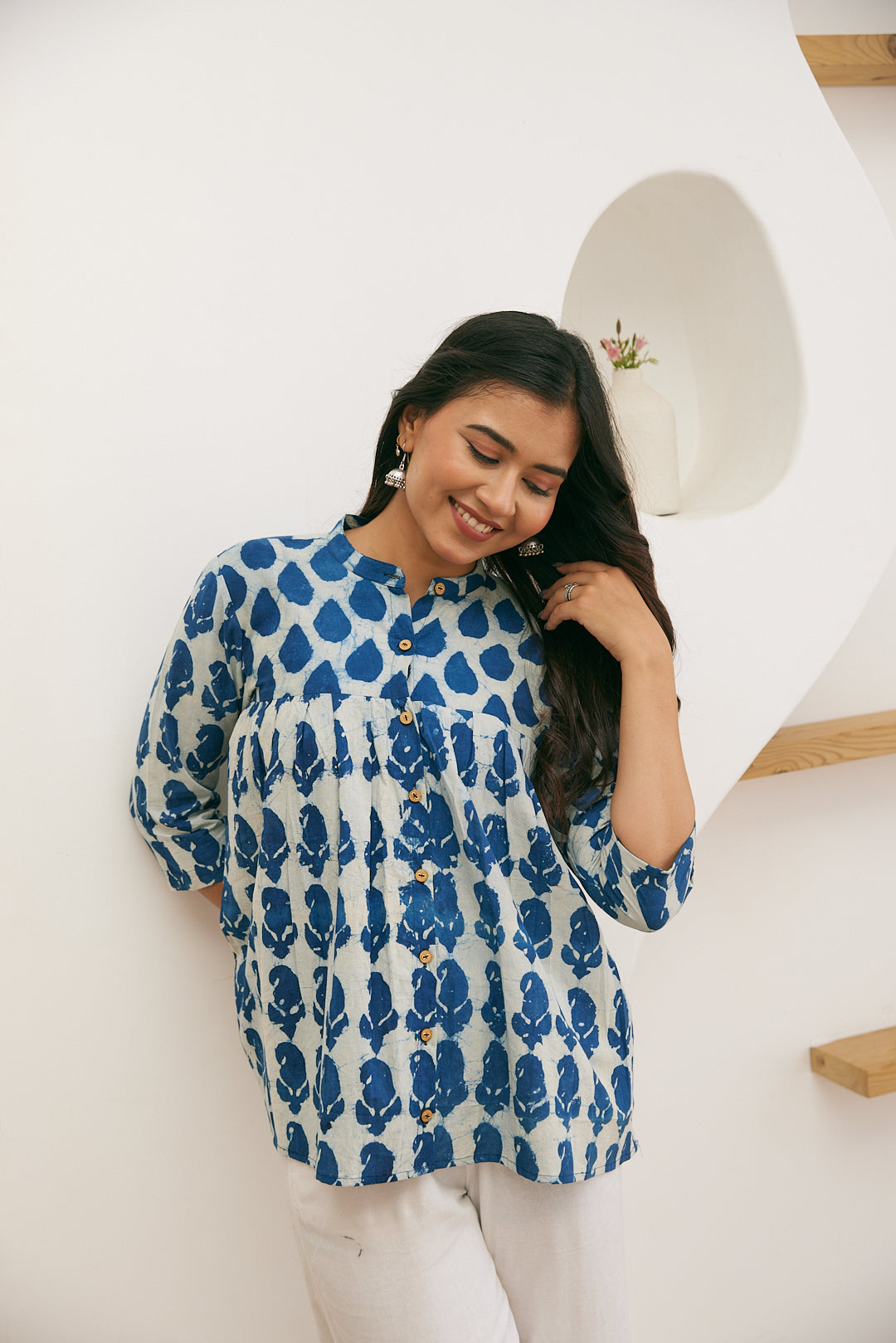 Indigo Bloom Hand Block Print Cotton Top for Women