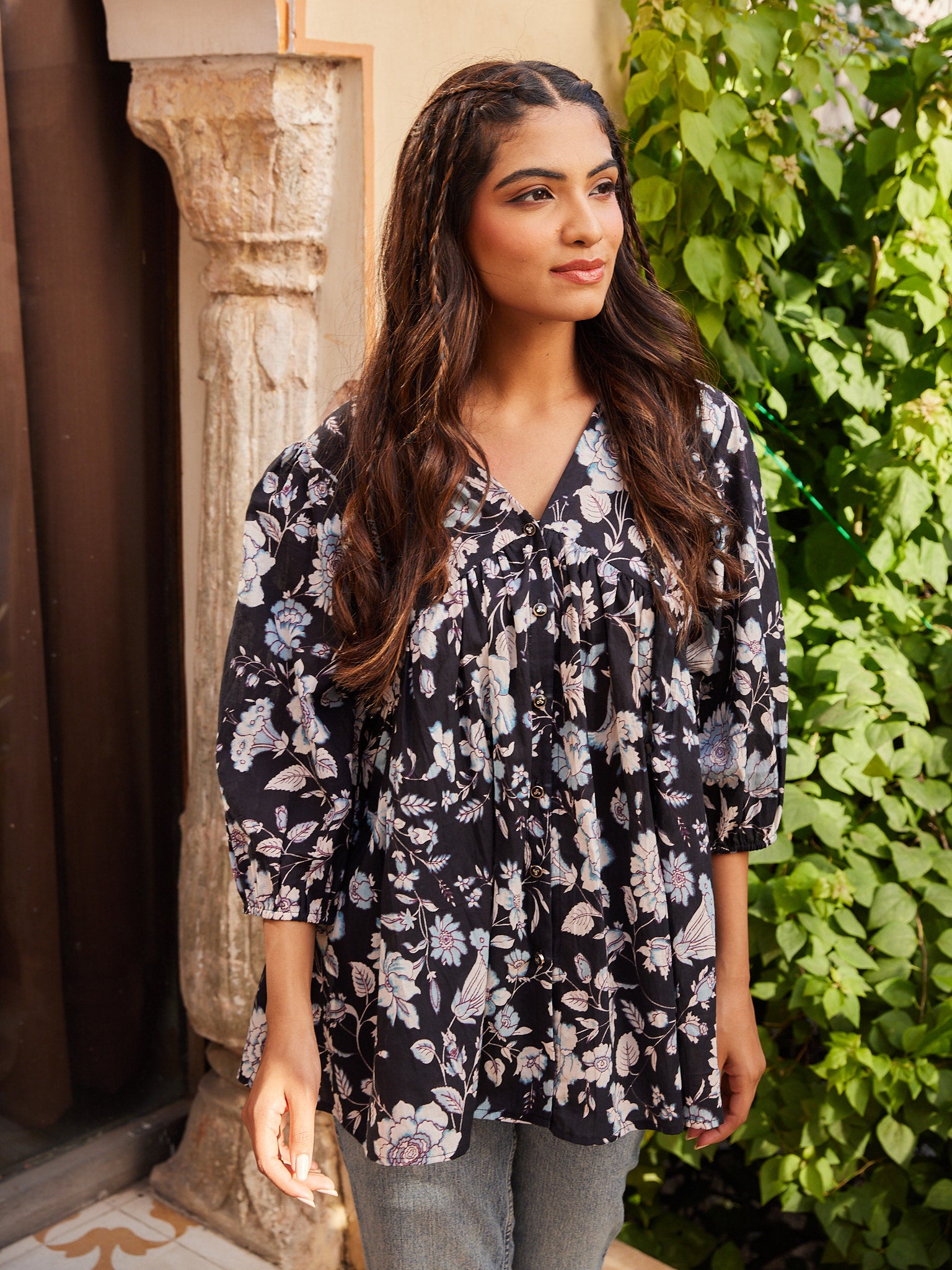 Cotton Black-White Floral Short Kurti