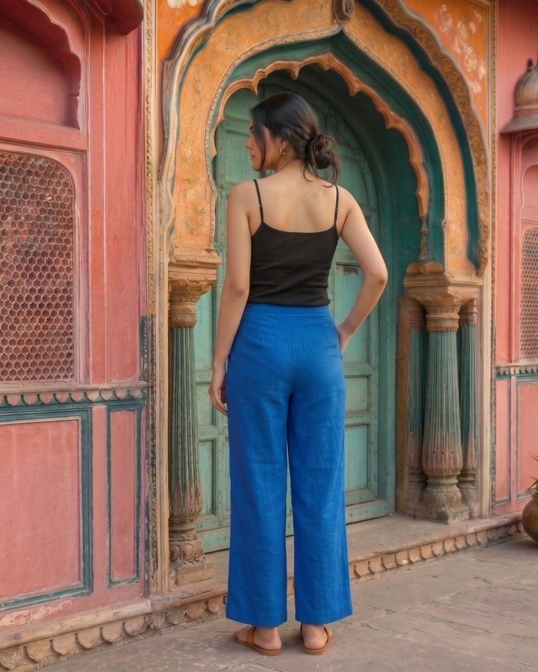 Cotton Blue Women Straight Pant