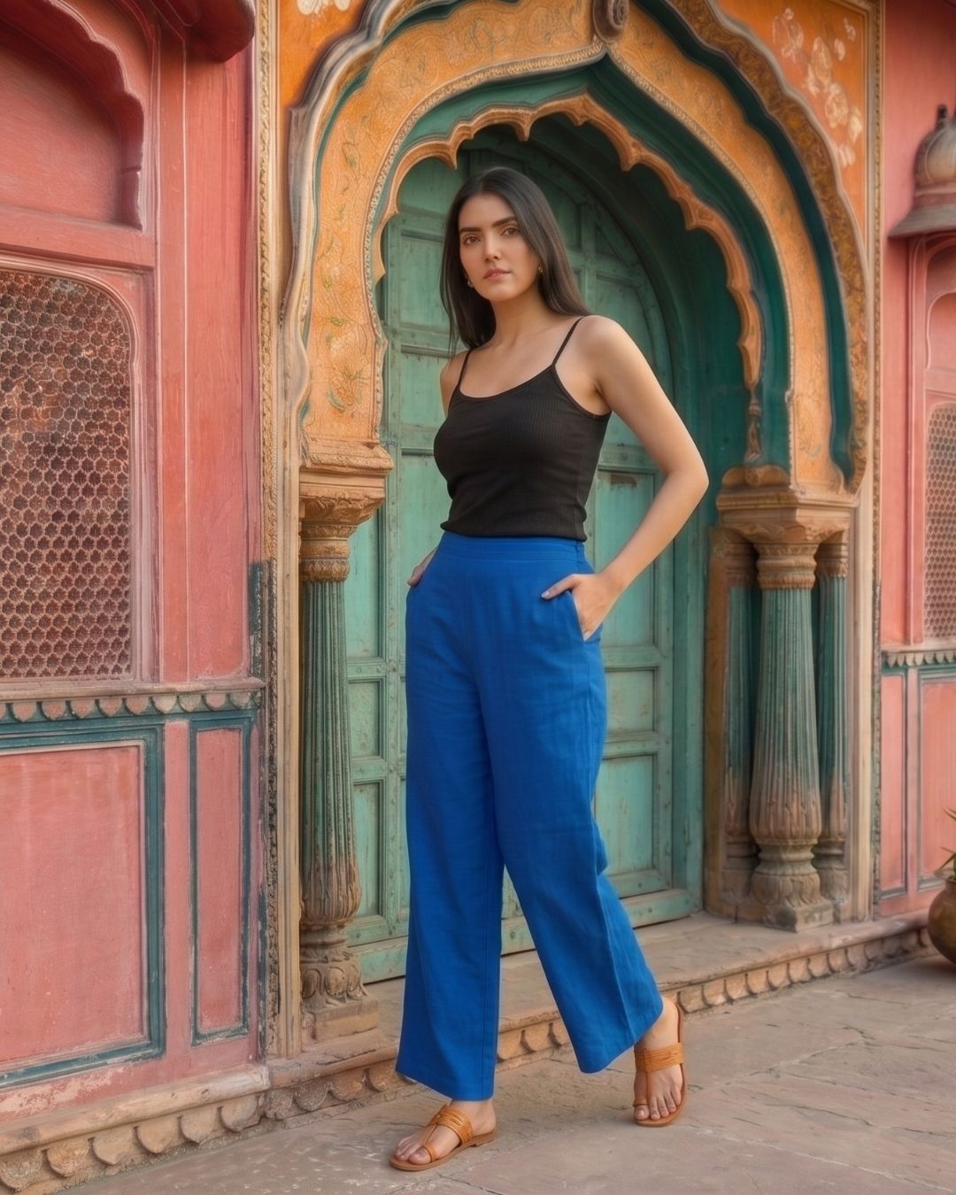 Cotton Blue Women Straight Pant