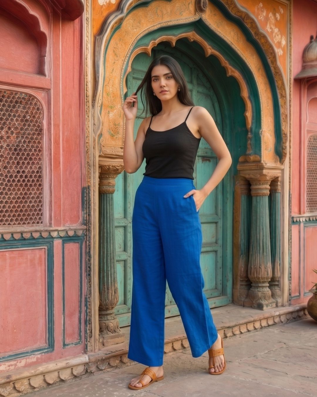 Cotton Blue Women Straight Pant