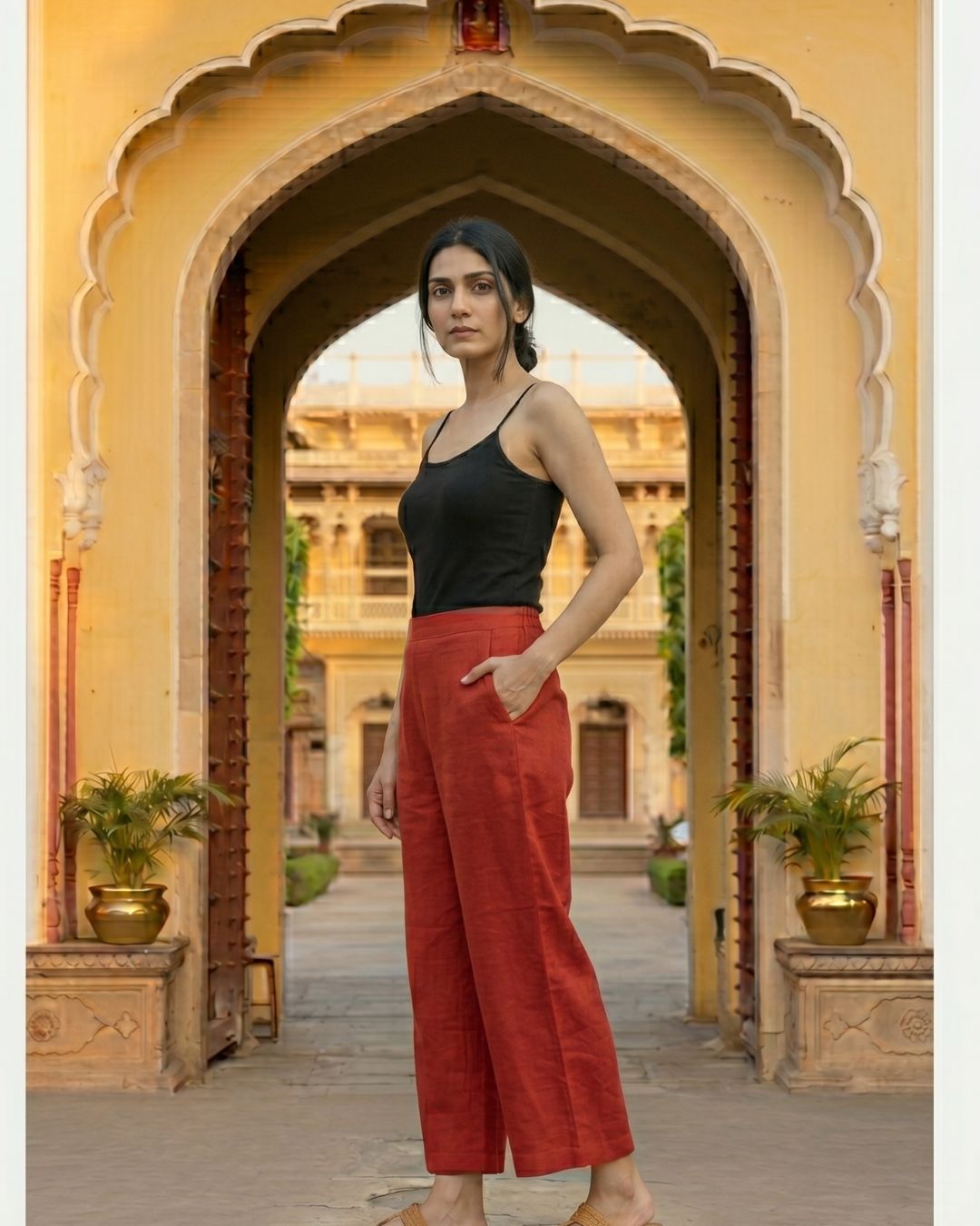 Cotton Red Women Straight Pant