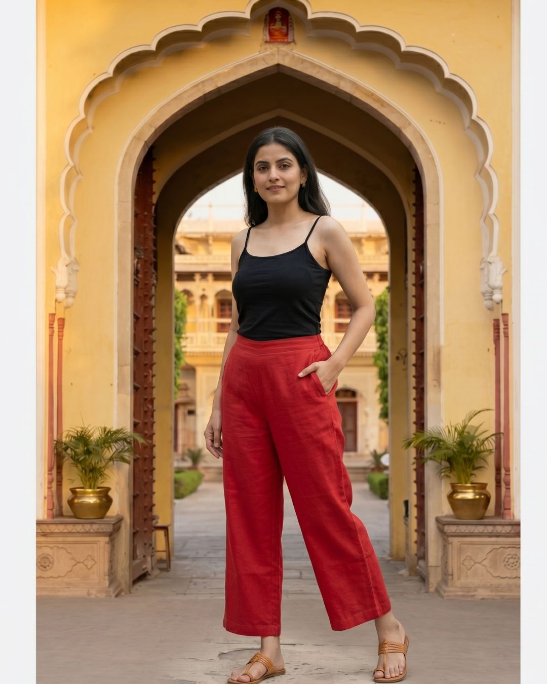 Cotton Red Women Straight Pant