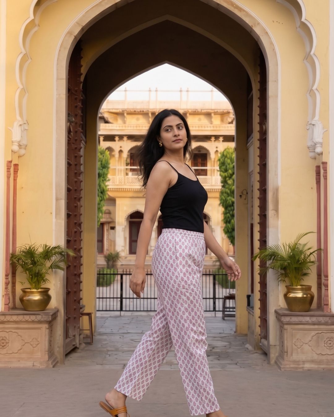 Cotton White Pink Floral Women Straight Pant