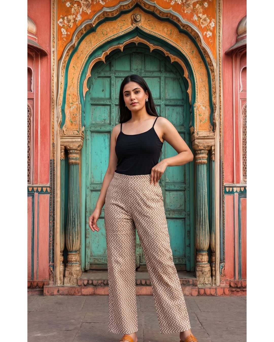 Cotton Yellow Zig Zag Women Straight Pant