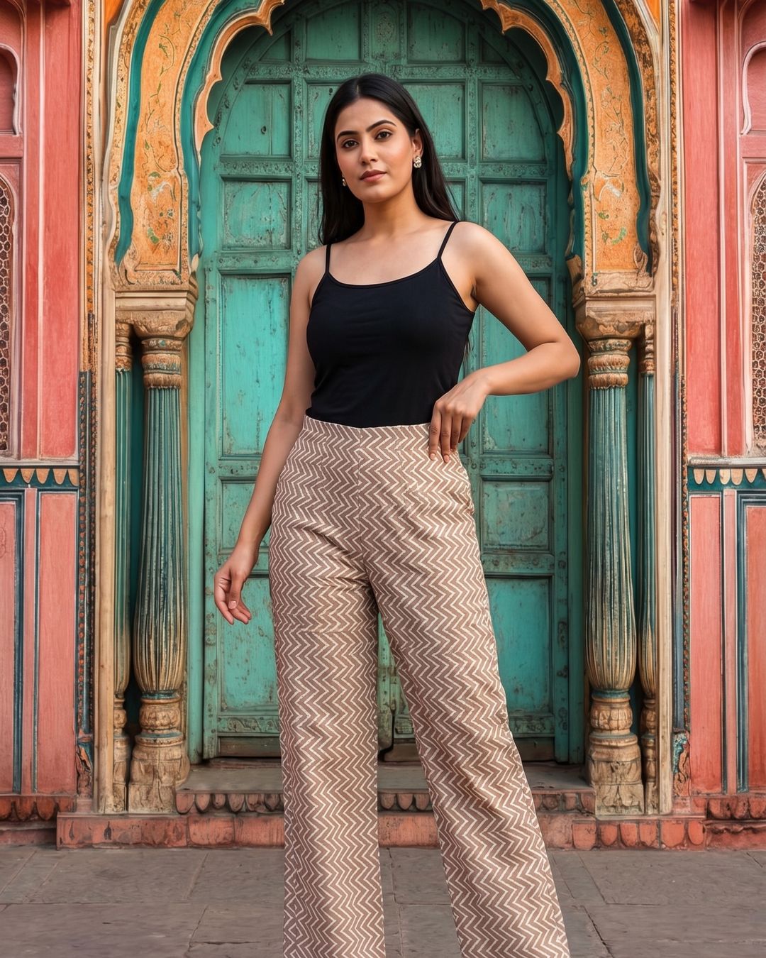 Cotton Yellow Zig Zag Women Straight Pant