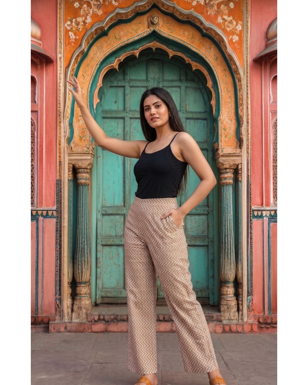 Cotton Yellow Zig Zag Women Straight Pant