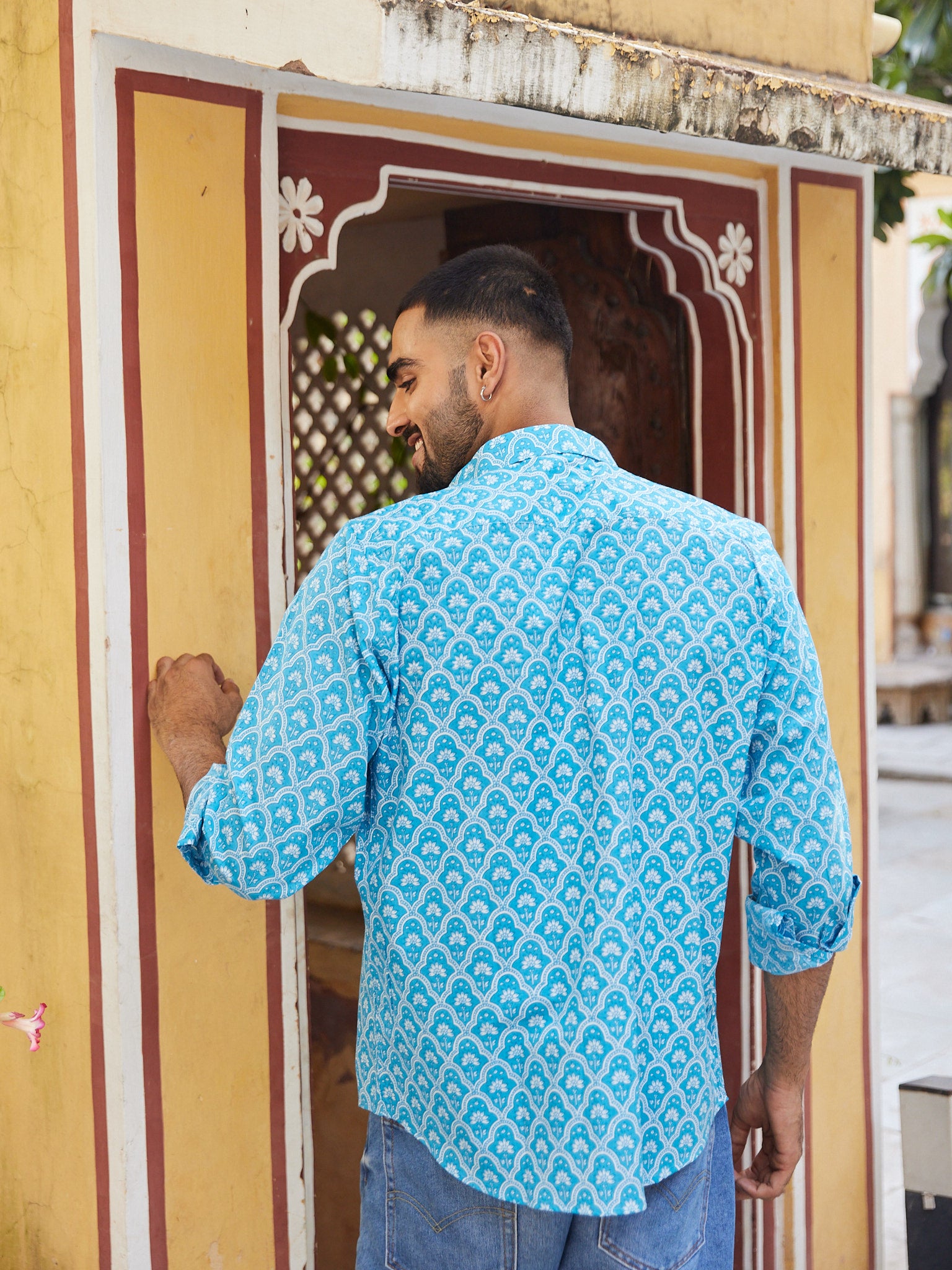 Cotton Men's Fullsleeves Shirt Light Blue-White Floral