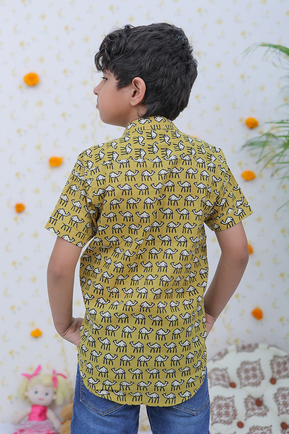 Cotton Brown Camel Print Boy's Shirt
